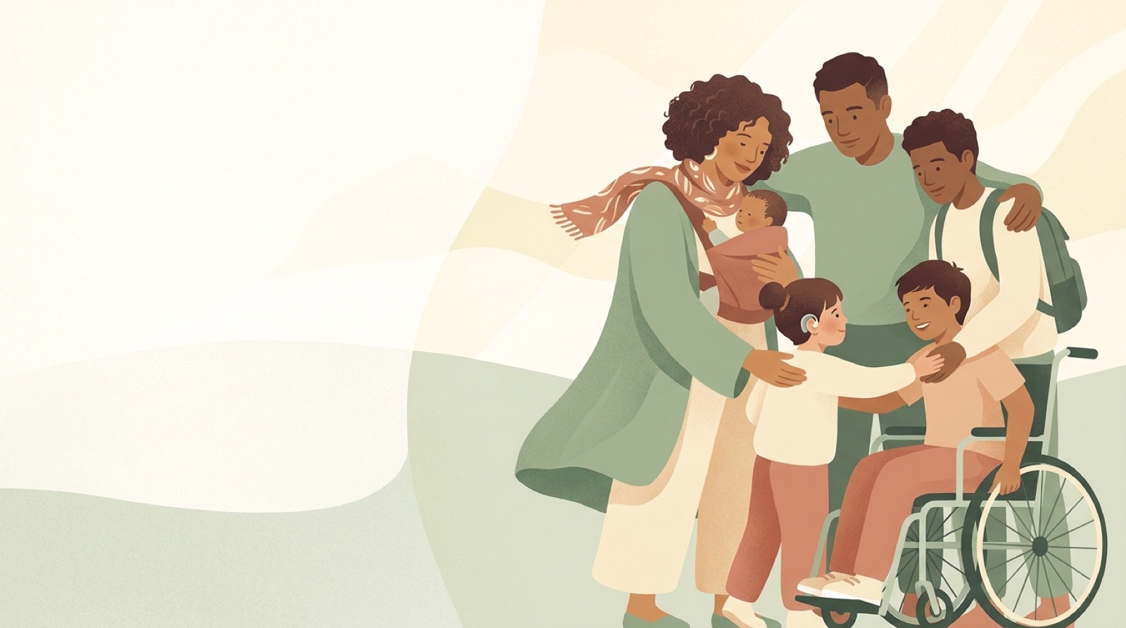 Una familia diversa se abraza con cariño: madre, padre, niñas y niños de distintas edades, incluido un niño en silla de ruedas.